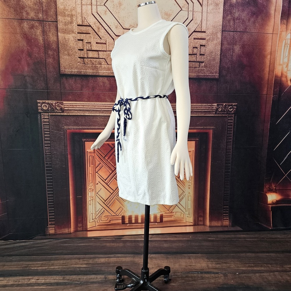 Vintage 1960's Dress Shift White Blue White Braided Belt Sleeveless Retro Pinup - Picture 7 of 13
